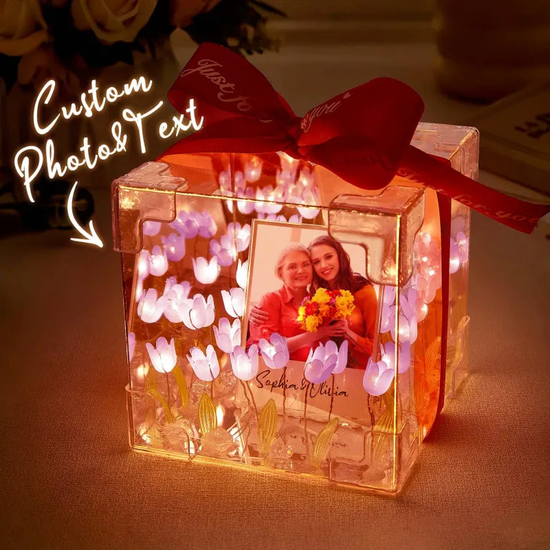 Custom Photo Tulip Flower Infinity Mirror Box Infinity Mirror Flower with Your Picture and Text DIY Kit