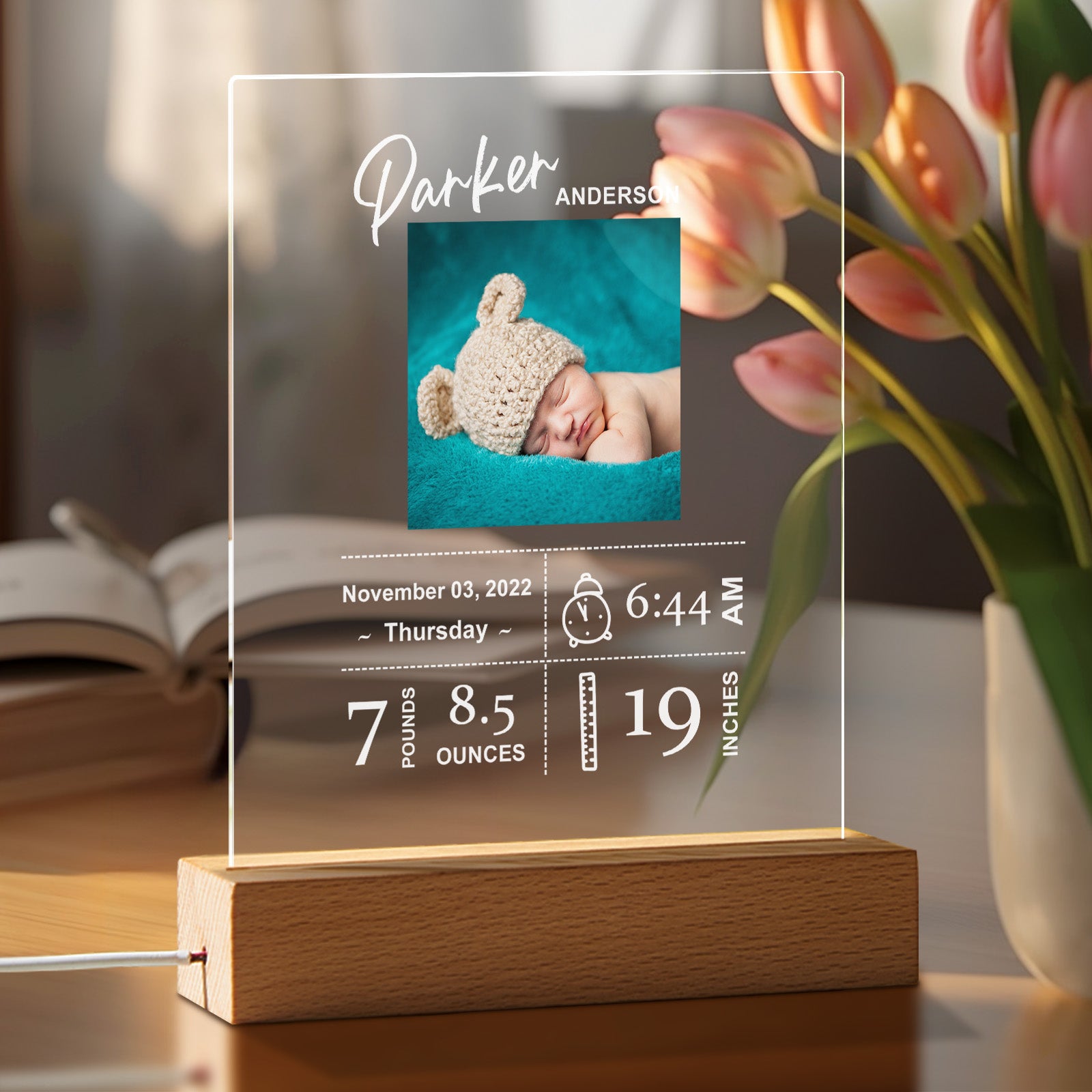 Custom Baby Birth Info Night Light – Personalized Photo Acrylic Lamp Newborn Keepsake Gift & Home Decor
