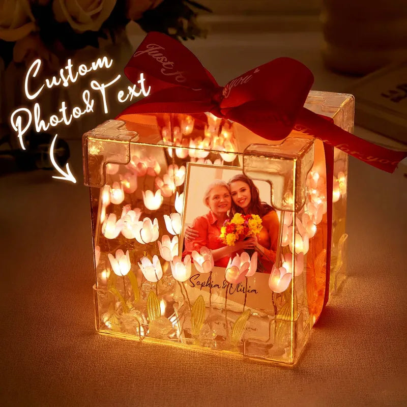Custom Photo Tulip Flower Infinity Mirror Box Infinity Mirror Flower with Your Picture and Text DIY Kit