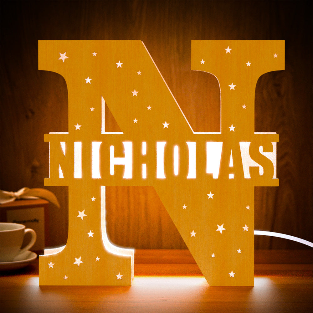 Personalized Initial Name Wooden Night Light Custom Letter Lamp Room Decor
